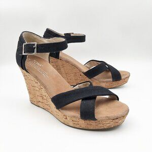 TOMS Wedge Heel Black Tan Cork Sandals Womens 7.5